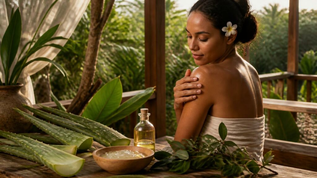 Visuel en trois parties montrant les étapes d'utilisation de l'aloe vera à Madagascar : la découpe d'une feuille fraîche à gauche, la collecte du gel pur dans un bol au centre, et une femme appliquant un soin hydratant sur son épaule à droite, dans un cadre tropical.