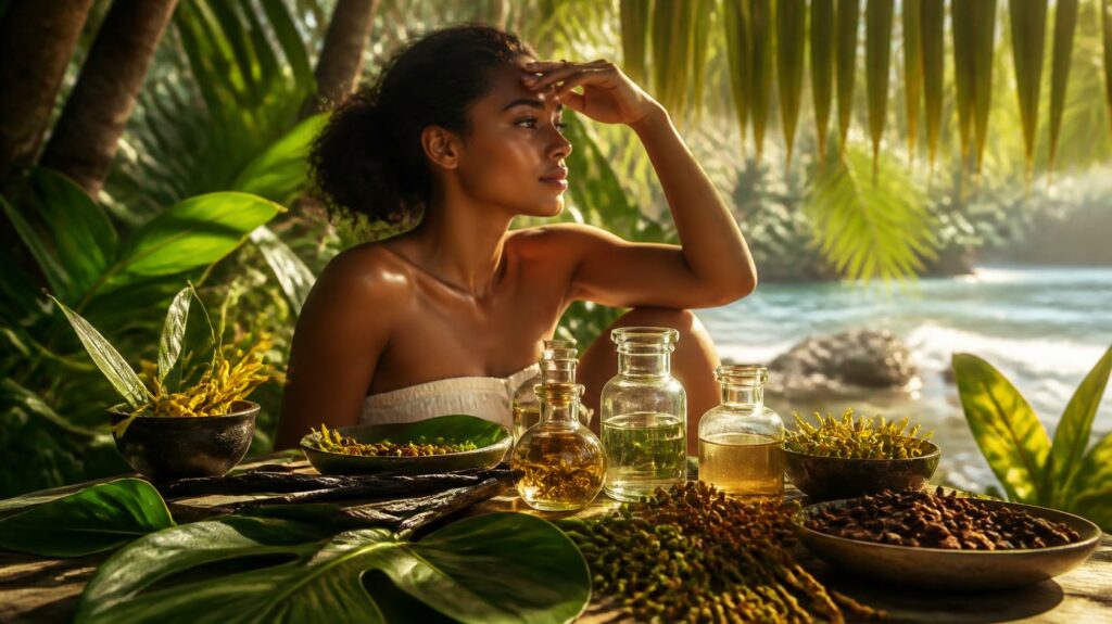 Visuel en trois parties sur table en bois, au bord d'une rivière tropicale, montrant les étapes d'extraction de l'huile essentielle d'ylang-ylang et de l'huile végétale, avec l'alambic, la presse et les produits finis à Madagascar | heliasana