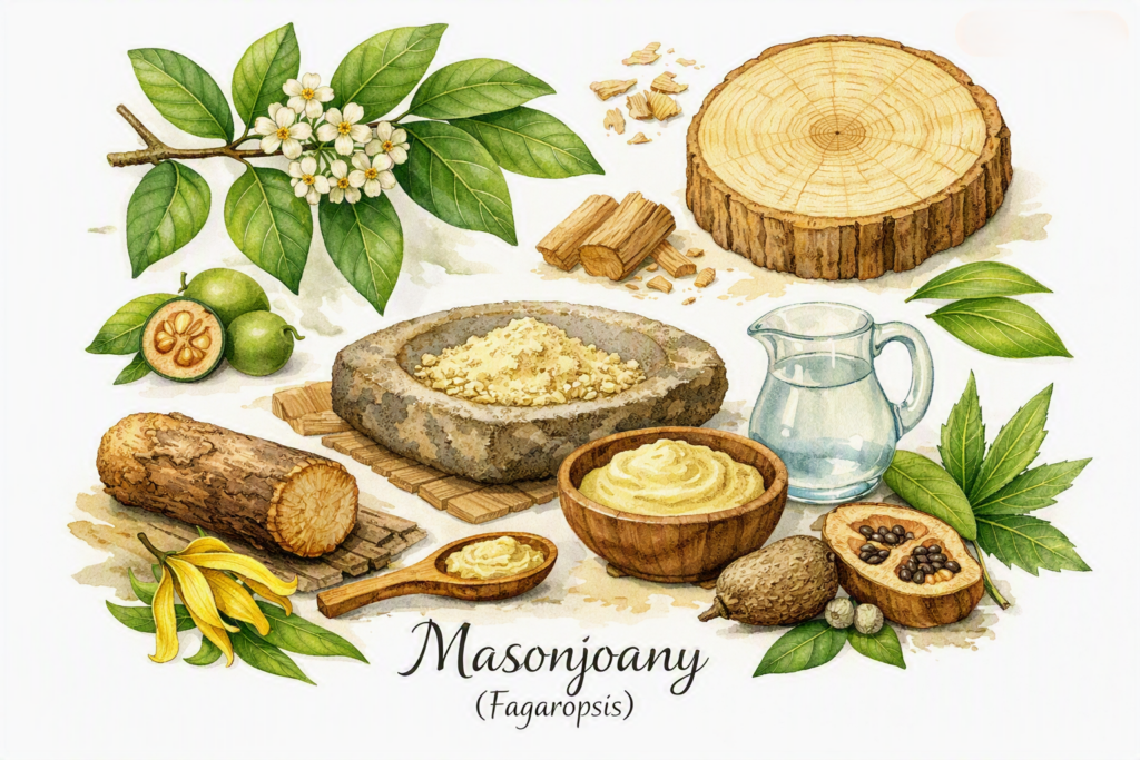 Illustration du masonjoany malgache, avec bois, feuilles, fruits et p&acirc;te traditionnelle de soin de la peau.
