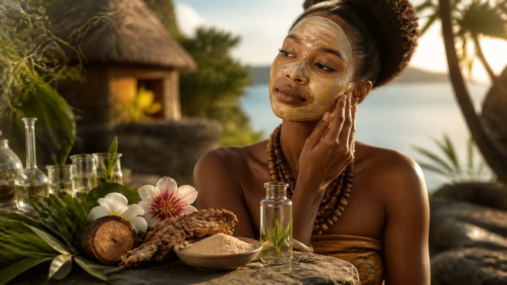 Une femme souriante au visage partiellement masqué par un soin naturel touche sa joue, entourée d'ingrédients végétaux et de flacons de cosmétiques biologiques sur une table en pierre, avec une hutte traditionnelle et un paysage tropical en arrière-plan | heliasana