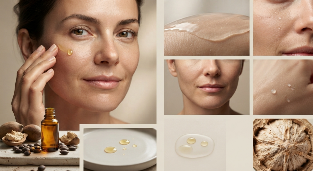 Un collage de photographies présentant une femme appliquant un sérum doré sur son visage, des gros plans sur la texture du gel et de la peau, des gouttes d'huile, et des noix d'argan entières à côté d'un flacon en verre ambré | heliasana