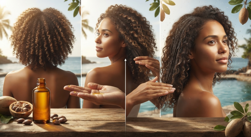 Visuel en trois parties montrant une femme aux cheveux bouclés appliquant de l'huile de baobab au bord de la mer, avec un flacon ambré et des fruits de baobab sur une table en bois.