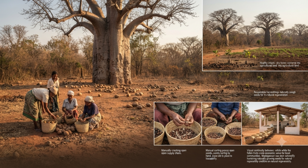 Infographie et collage montrant des femmes récoltant et triant manuellement des fruits de baobab sous un grand baobab à Madagascar, détaillant les étapes de la collecte au pressage de l'huile.