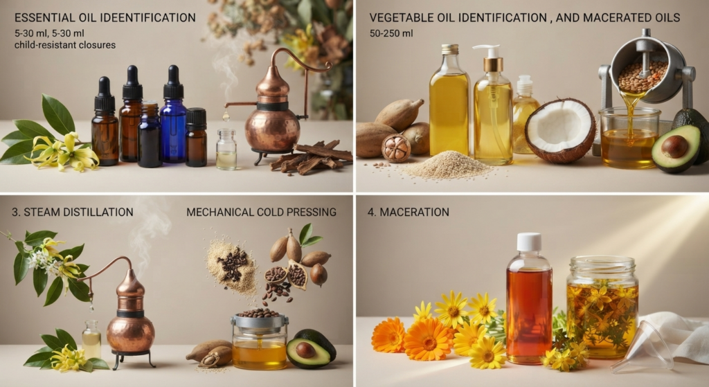 Une image de style infographique divis&eacute;e en quatre panneaux sur un fond beige neutre, illustrant la production et l'identification des huiles. Le panneau en haut &agrave; gauche montre des flacons d'huile essentielle et un alambic avec des fleurs d'ylang-ylang et du bois. Le panneau en haut &agrave; droite montre des bouteilles d'huile v&eacute;g&eacute;tale et un moulin avec des noix de baobab, des grains, des noix de coco et un avocat. Le panneau en bas &agrave; gauche montre une distillation &agrave; la vapeur et une presse &agrave; froid avec des noix de karit&eacute; et un avocat. Le panneau en bas &agrave; droite montre une mac&eacute;ration solaire avec des calendula dans des pots. Le texte en fran&ccedil;ais et le logo 'matter' sont visibles.