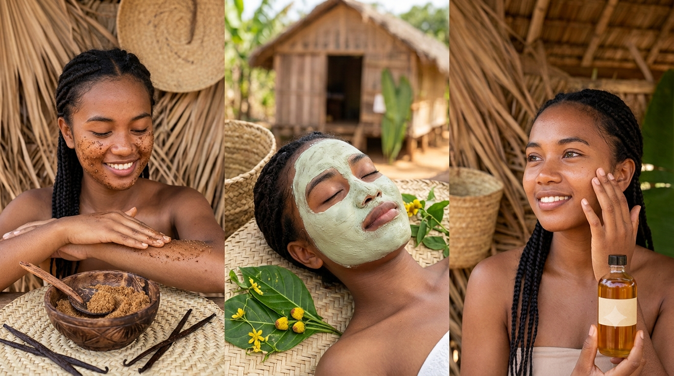 Rituel de beauté malgache avec gommage naturel, masque visage et huile végétale pour prendre soin de la peau | heliasana.com