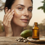Femme appliquant de l’huile de baobab sur son visage pour nourrir et hydrater la peau | heliasana