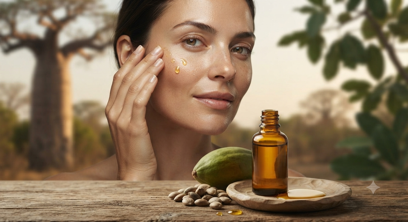 Femme appliquant de l’huile de baobab sur son visage pour nourrir et hydrater la peau | heliasana